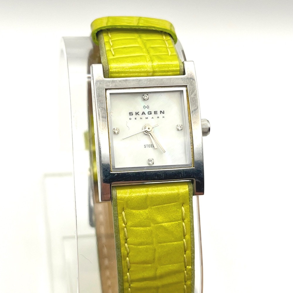 Skagen Womens Watch Square Silver Steel MOP Dial Lime Green Leather Strap